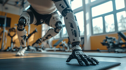 A patient in a rehabilitation center using a prosthetic limb to perform exercises, reflecting the impact of technological advancements in physiotherapy and recovery.