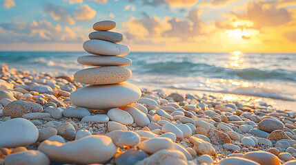 A serene composition of smooth stones arranged in a pyramid on a coastal beach, symbolizing balance and relaxation with a backdrop of the Mediterranean sea and golden hour light