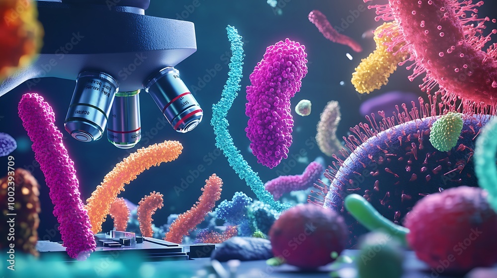 Poster A microscope lens observes colorful bacteria and viruses floating in the air.
