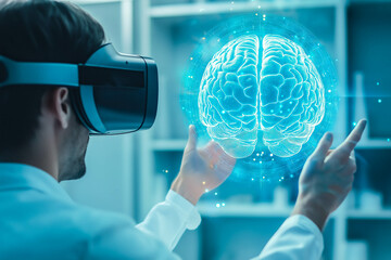 A human wears VR glasses and touches a brain hologram. The concept of the intersection of virtual reality and neuroscience. The exploration of the human mind. Generative AI.