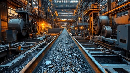 A long conveyor belt transporting raw iron ore through the workshop. The belt is flanked by large industrial machines, all under low, dusty light, giving a gritty atmosphere to the scene.