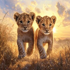 Obraz premium Lion Cubs Sunset.
