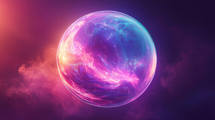 Fototapeta premium Abstract purple and blue sphere with a luxurious, metallic texture, floating against a dark gradient background and showcasing a holographic effect