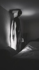 Scary alien monster in a bedroom