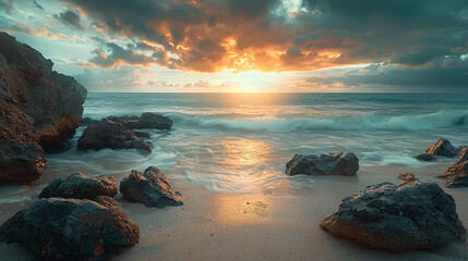 Beautiful coastal landscape with weathered rocks and a serene ocean, framed by a dramatic sky and sandy beach, emphasizing the wilderness and ecological importance