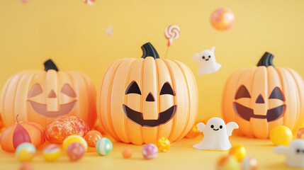 3D pastel pumpkins with happy faces, surrounded by tiny ghosts and candy, on a soft pastel yellow background.