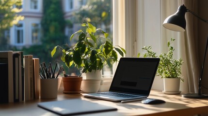 A laptop on a desk in a home office, with a window showing green plants and trees outside. Sunlight streams through the windows, and there are books next to the laptop