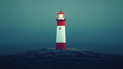 Fototapeta premium Minimal Cute 3D Lighthouse Icon with Glowing Beacon in Red and White Stripes - Clean Digital Illustration