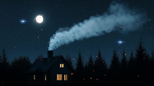 landscape silhouette of a house emitting white smoke in a smoke funnel in the middle of the forest. Virtual 4K video animation background with looping time lapse with very smooth graphics.