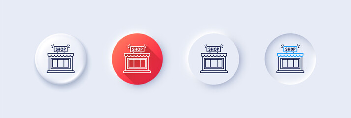 Shop line icon. Neumorphic, Red gradient, 3d pin buttons. Store symbol. Shopping building sign. Line icons. Neumorphic buttons with outline signs. Vector