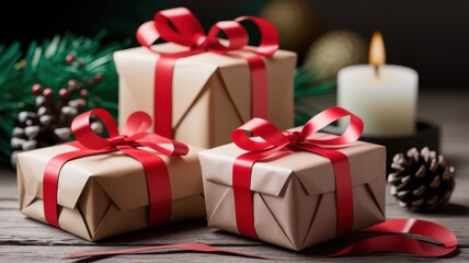 Obraz premium Christmas gifts wrapped in red ribbons with candlelight 
