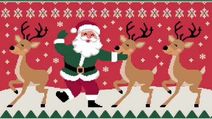 Naklejka premium Pixelated Santa and reindeer in festive holiday sweater design 