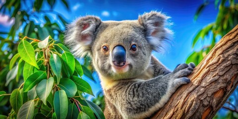 Fototapeta premium In a picturesque scene, an adorable koala bear ascends a tree, surrounded by leafy greenery, with a bright blue sky forming the perfect backdrop.