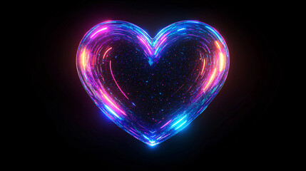 Isolated neon heart graphic with a sparkling holographic effect, rendered in a geometric and shiny silver design