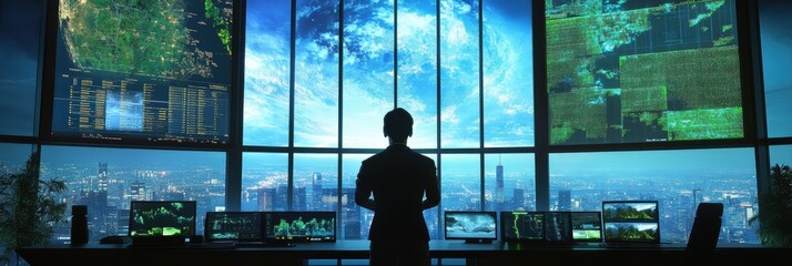 Climate change analyst working in a futuristic control room with real-time data screens and eco-friendly city views. Generative AI