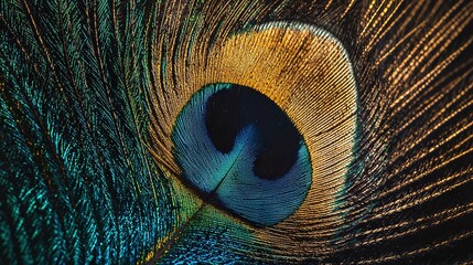 Obraz premium Peacock feathers, in close-up view, have hues of blue, yellow, and green, with a central black spot