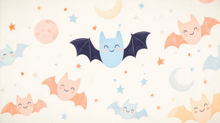 A cartoonish drawing of a group of bats flying in the sky with a moon