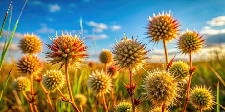 Intimate view of a sandbur plant, featuring its prickly seed heads, flourishing in a serene grassland setting, highlighting the plant's striking appearance within its habitat.