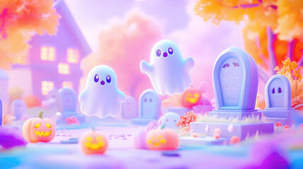 Charming pastel-colored ghosts playfully hover around adorable graves adorned with decorations, set against a soft backdrop that enhances the light Halloween spirit.