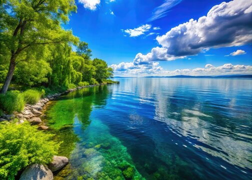 Lake Simcoe in Ontario showcases breathtaking views, embraced by vibrant greenery under a perfect blue sky, creating a serene and picturesque natural retreat.