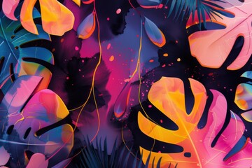 Obraz premium Vibrant abstract tropical leaves with bold colorful patterns for a dynamic and exotic nature-inspired design
