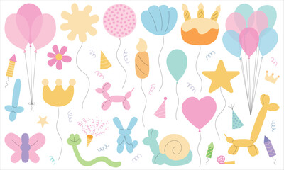 Set of balloons different shapes flat style. Puppy balloon, dog balloon, birthday cake, star, bouquet, heart and butterfly vector flat set