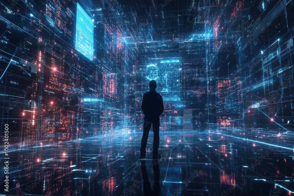 Poster cybersecurity expert navigates a virtual data space filled with glowing encrypted codes and firewall