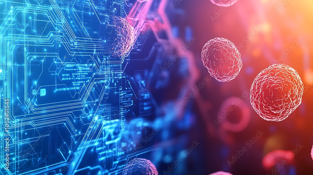 Aufkleber Abstract background with digital circuit board and viruses in the foreground.