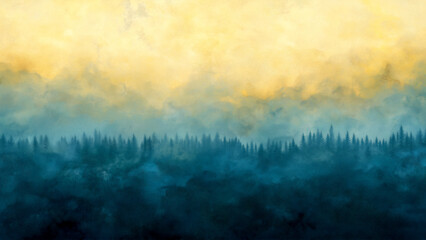 Naklejka premium Abstract yellow and blue foggy forest landscape, minimalist, blurred, watercolor-style, simple lines, beautiful, vintage, hand-painted, dark background, wide shot, panoramic view.
