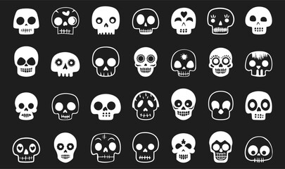 Quirky cute funny skulls white icons set. Happy Halloween Day of dead spooky stickers print poster card design elements. Human dead head bones. White simple flat style. Isolated vector on dark