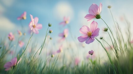 Colorful pink flowers bloom in a lush meadow during a sunny day in springtime, creating a vibrant natural landscape