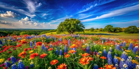 Lush green landscapes are alive with vibrant wildflowers in Texas, blooming beautifully under a clear blue sky, creating a picturesque and serene environment.