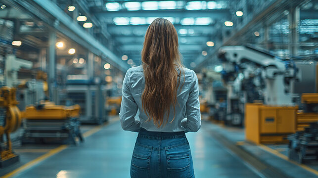 Woman standing in a modern factory, managing the integration of AI and robotics in industrial production, emphasizing the importance of technology in the workplace