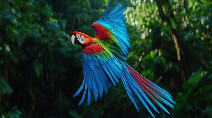   A vivid parrot soaring in mid-air, fluttering its vibrant wings against a backdrop of trees