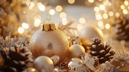 Professional gold Christmas background with Christmas toys on the tree 