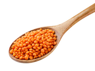 Lentils in a wooden spoon a white background. Isolated