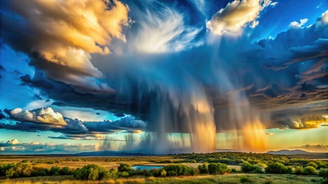 Majestic virga clouds release rain, streaming gracefully downward into a peaceful landscape, illuminated by a brilliant blue sky that enhances the serene scenery.