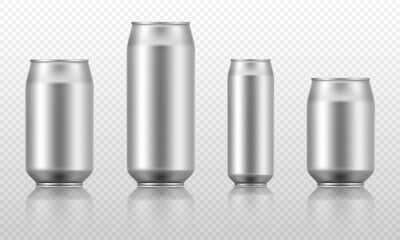 Realistic 3D aluminium cans set. Isolated vector mockup template for beverage. Beer, soda, energetic, juice, lemonade container.