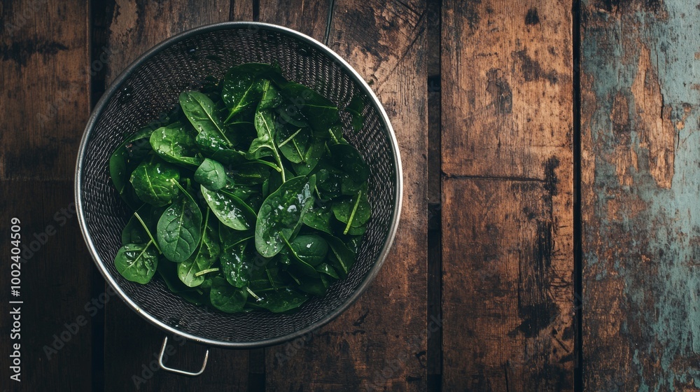 Poster raw fresh spinach with water drops in colander - top view on rustic wooden table