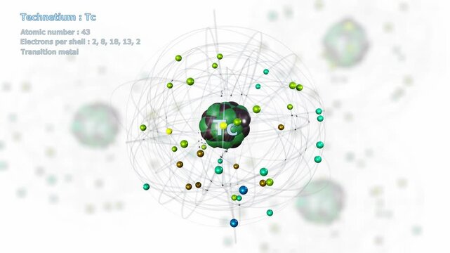 Atom of Technetium with 43 Electrons in infinite orbital rotation on white with other atoms in background