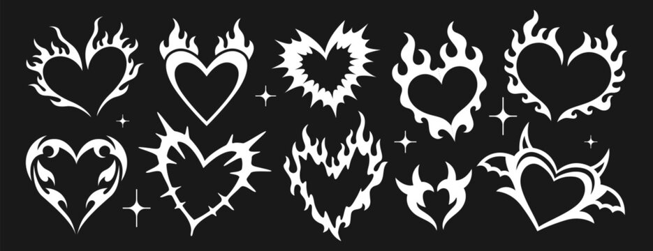 Neo tribal aesthetic y2k tattoo with heart shape. White gothic romance stickers or cyber ornament set. Neotribal emo love logo. Trendy hand drawn goth stylized burning hearts silhouette on fire flames