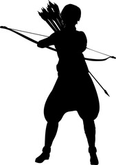 Fototapeta premium Woman warrior with arrows and bow, archer in action pose silhouette illustration. Armored female character, medieval knight with bow and arrow.