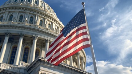 Fototapeta premium American flag waving in front of the United States Capitol under a clear blue sky