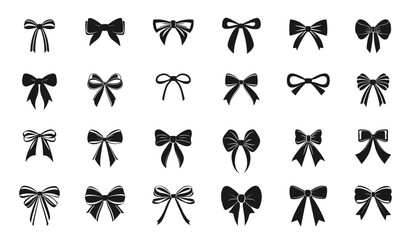Naklejka premium Silhouette decorative bow black icon set. Ribbon tied bowknot. Gift packaging festive hair fashion bow holiday present design elements. Black and white simple flat style. Isolated vector on white