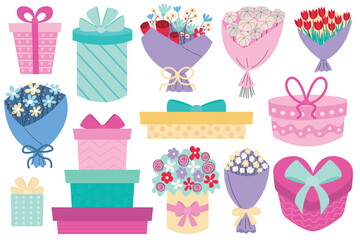 Set of floral bouquets and gift boxes. Vector birthday and party presents set