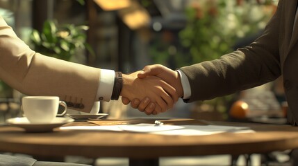Handshake over cafe table with coffee.