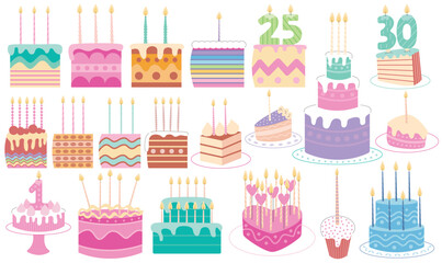 Set of birthday desserts, cakes and cupcakes. Flat birthday cakes with candles vector set