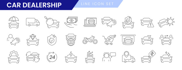 Auto sale dealership line icon set. Automotive industry, car dealers, vehicle trade center linear symbols. Rental service, motorcycle repair, purchase agreement, transportation insurance or warranty