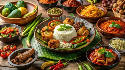 Savor authentic Nasi Padang, a feast of rich, spicy dishes served in a traditional setting, perfectly capturing Indonesia's culinary heritage and vibrant flavors.