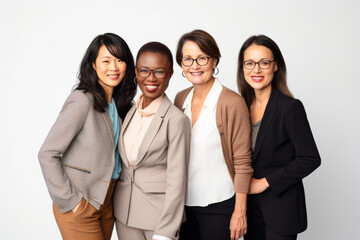 Diverse group of professional women smiling, standing together in business attire, showcasing confidence and teamwork in a bright studio setting